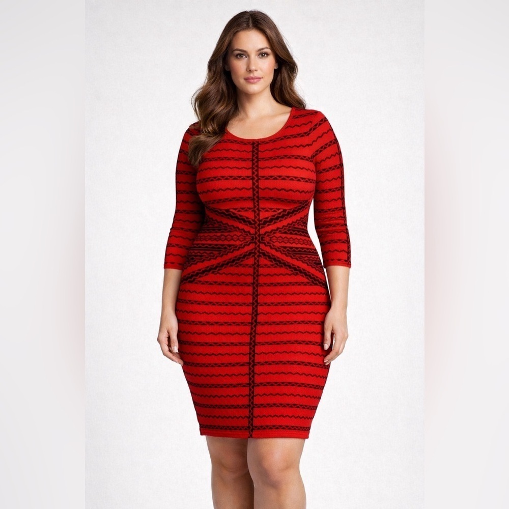 Ashley Stewart Red Black Geometric Bodycon Dress Plus Size 14/16W